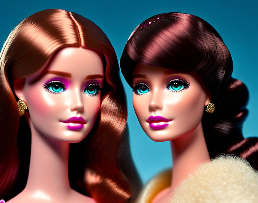 Stylized dolls with glossy hair and blue eyes on vibrant blue background