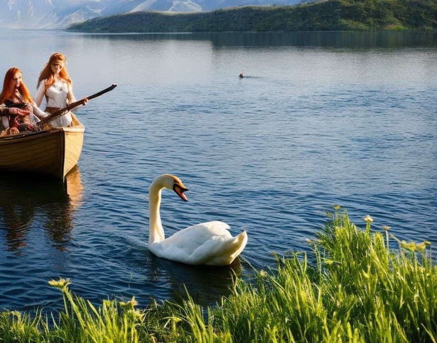 Scenic lake view with two women, swan, and hills at golden hour