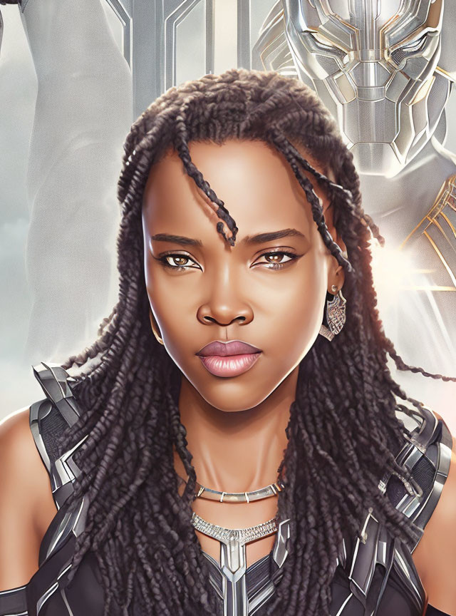 Digital portrait of woman with braided hair in futuristic armor, with metallic masked figure.