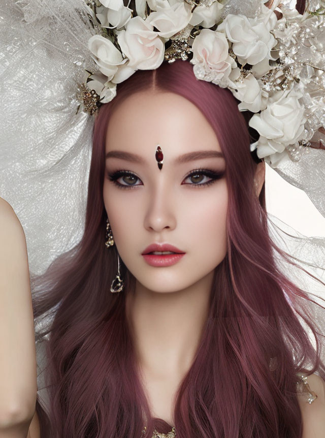 Woman with Purple Hair, Dramatic Makeup, Floral Headpiece