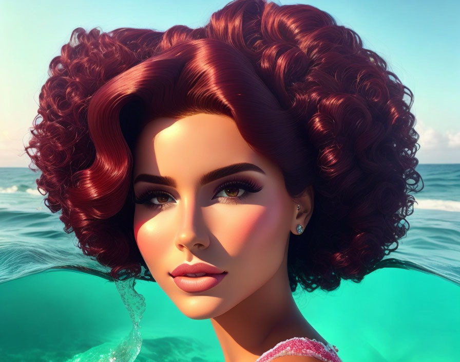 Voluminous Curly Red Hair Woman Artwork by Serene Blue Sea