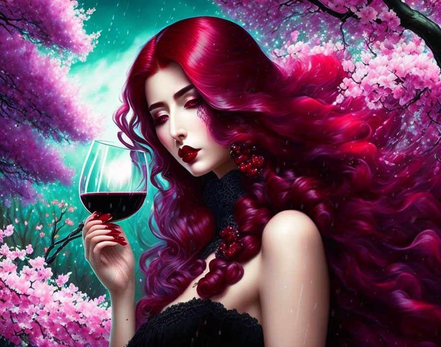 Illustrated woman with red hair holding wine glass in front of cherry blossoms