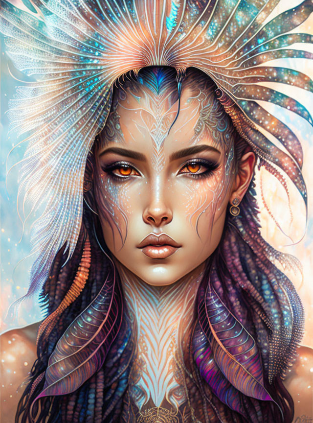 Intricate Blue and Purple Feathery Headdress Portrait