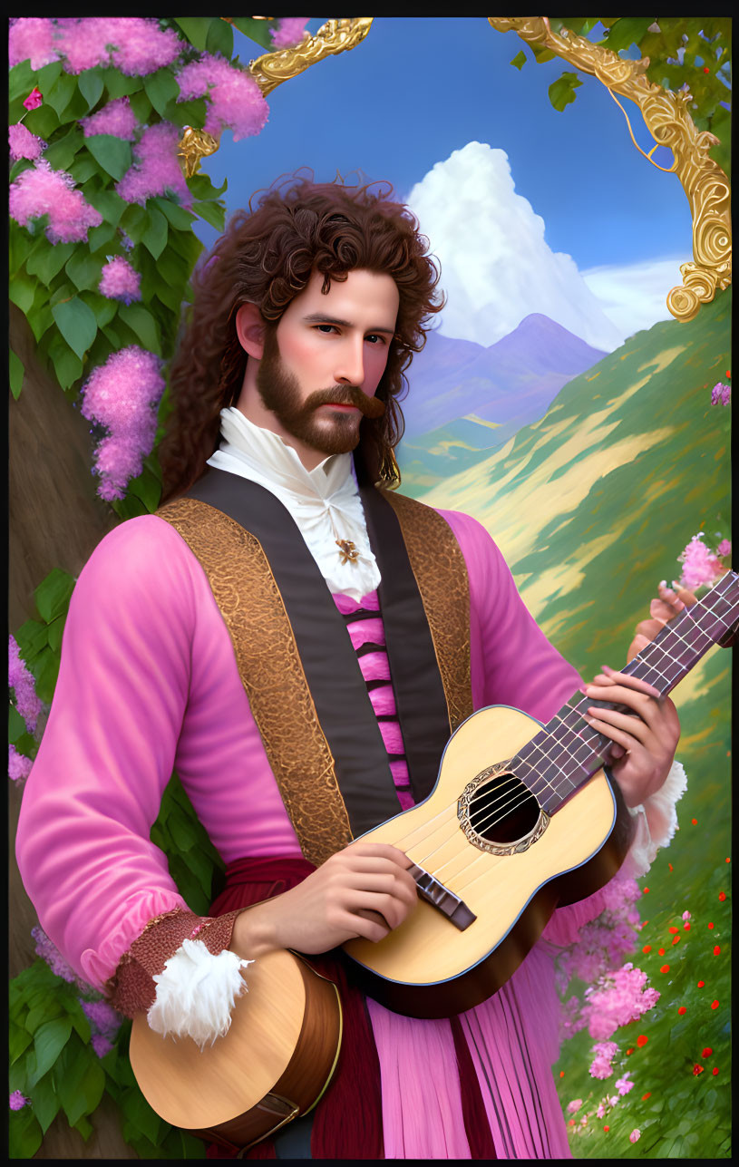 Romantic figure with curly hair and beard in pink shirt and purple pants holding classical guitar