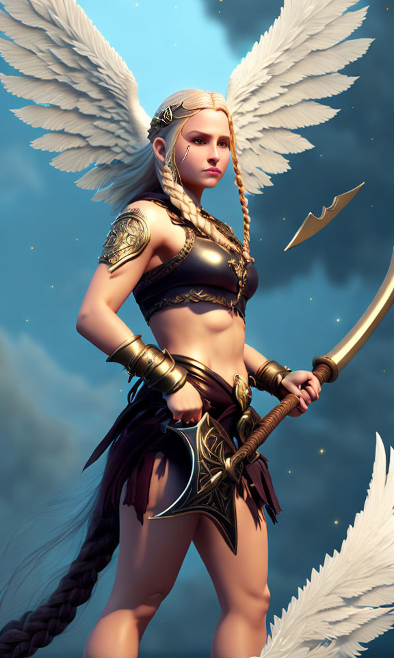 Digital illustration of fierce female warrior with white wings and golden armor in cloudy blue sky