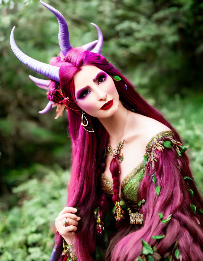 Fantasy makeup person with purple hair and horns in green dress among lush greenery