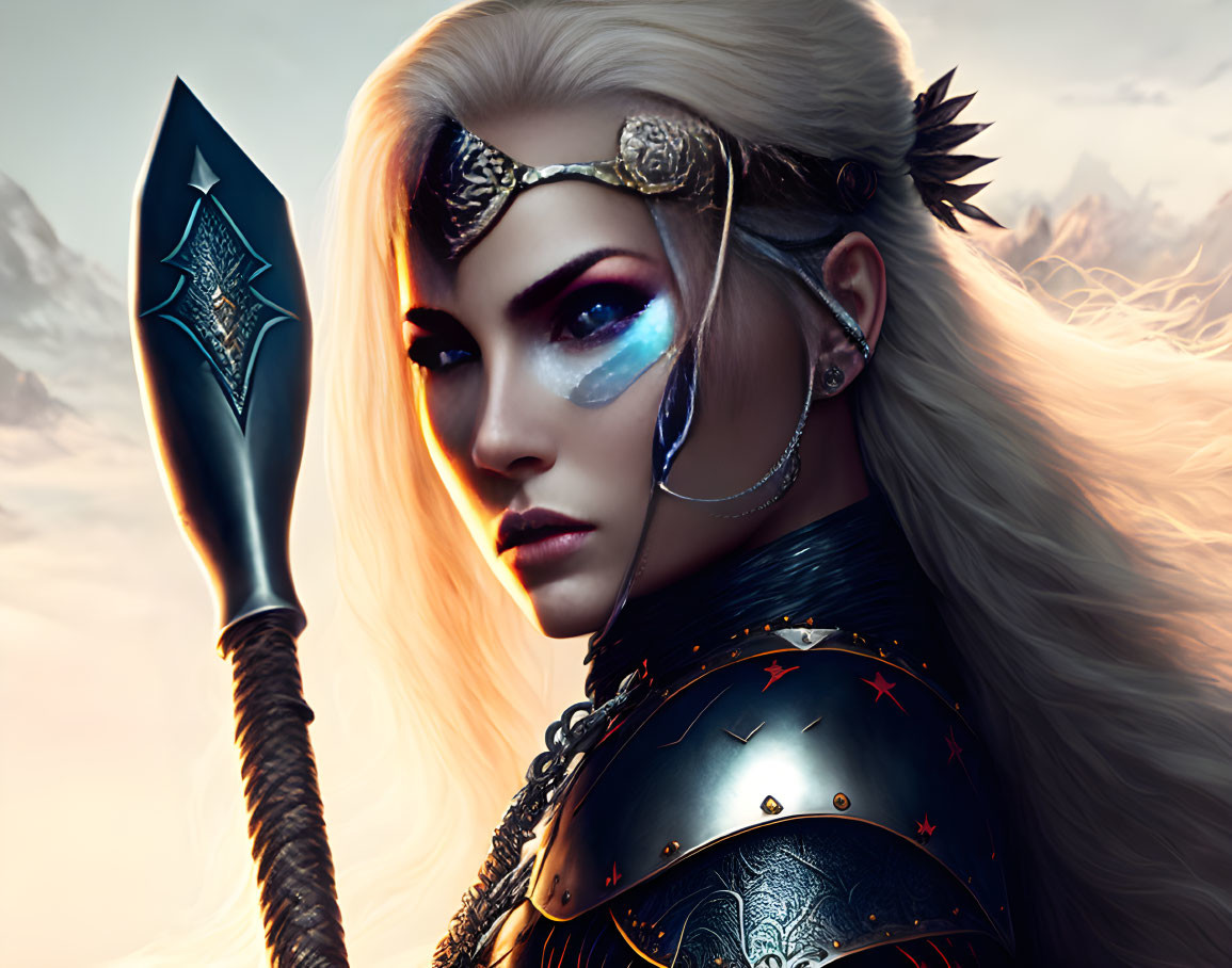 Female warrior with blue eye makeup and spear in ornate armor against mountain backdrop