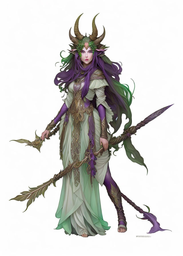 Fantasy illustration of woman with purple hair, horns, crown, green gown, staff, nature-inspired