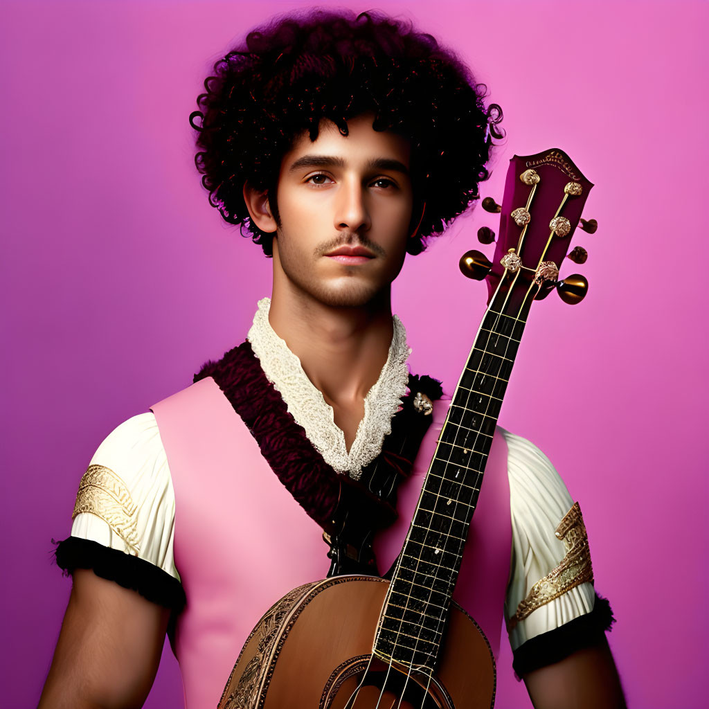 Curly-haired young man with guitar in retro sleeveless shirt on purple background