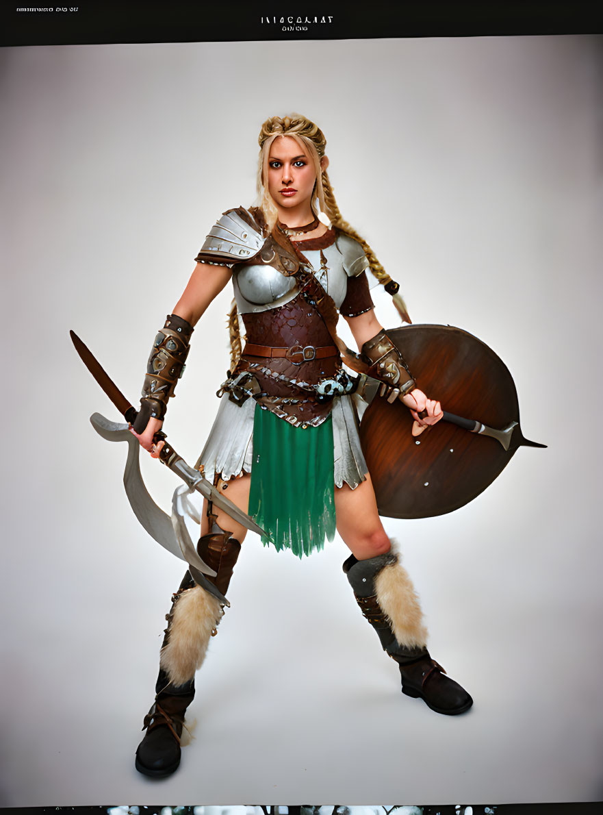 Female warrior in Viking armor with shield and axe, exuding strength