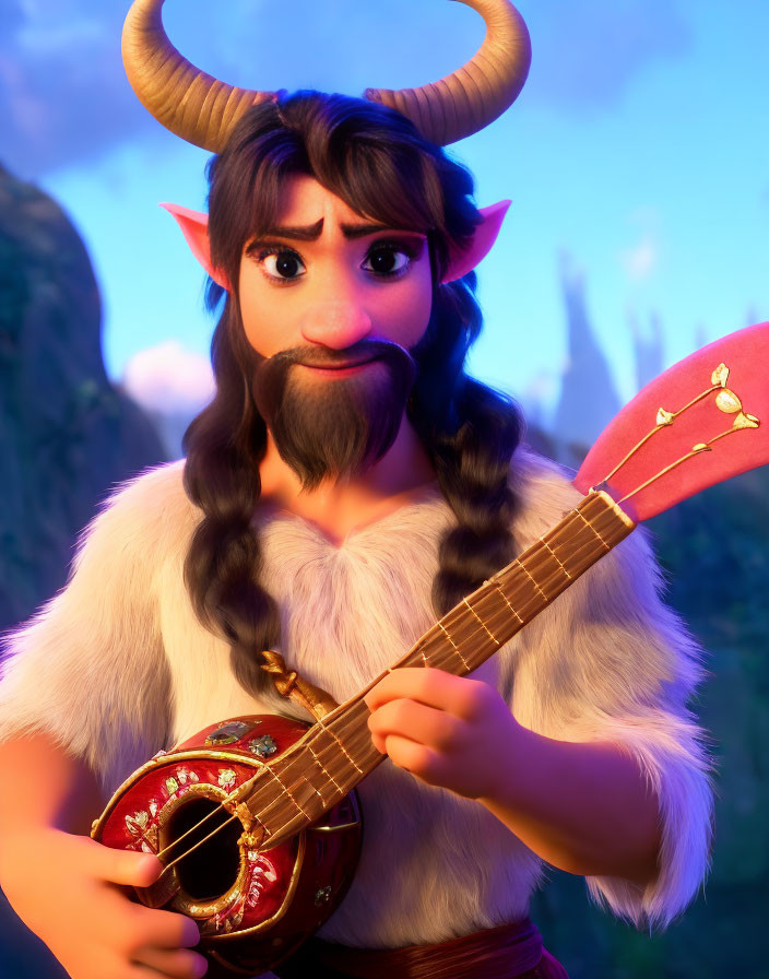 3D-animated character with horns and beard holding red lute in twilight forest