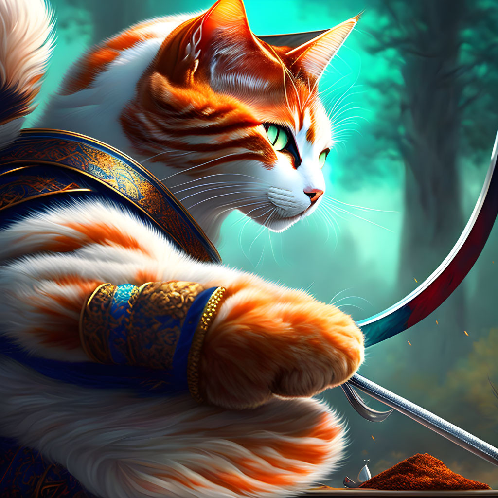 Anthropomorphic cat in blue and gold armor wields sword in mystical forest