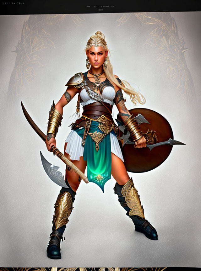 Blonde Female Warrior in Fantasy Armor with Spear and Shield