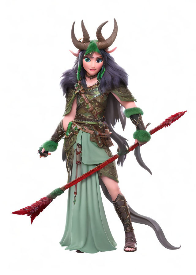 Fantasy Female Character with Antlers and Spear in Green Dress and Armor