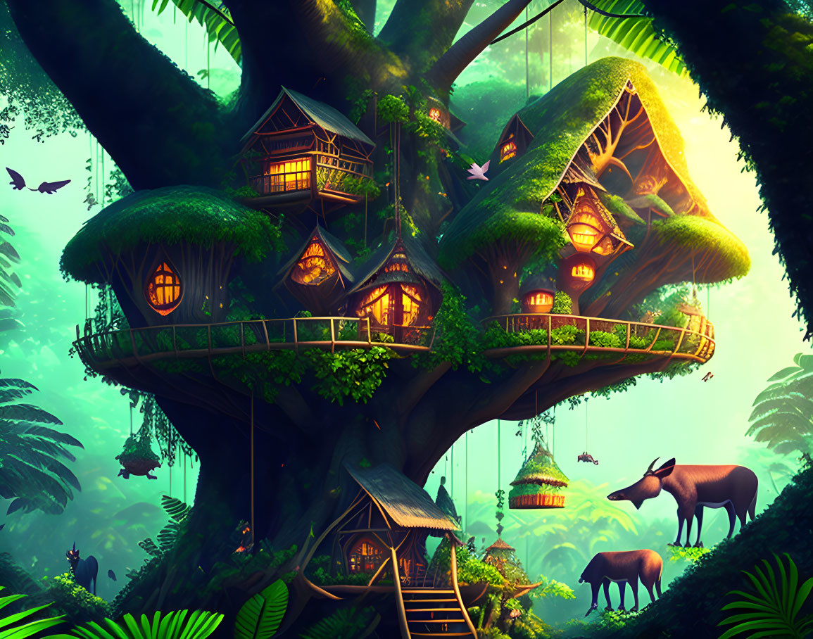 Enchanting multi-level treehouse in lush forest with glowing windows, birds flying, and tapirs