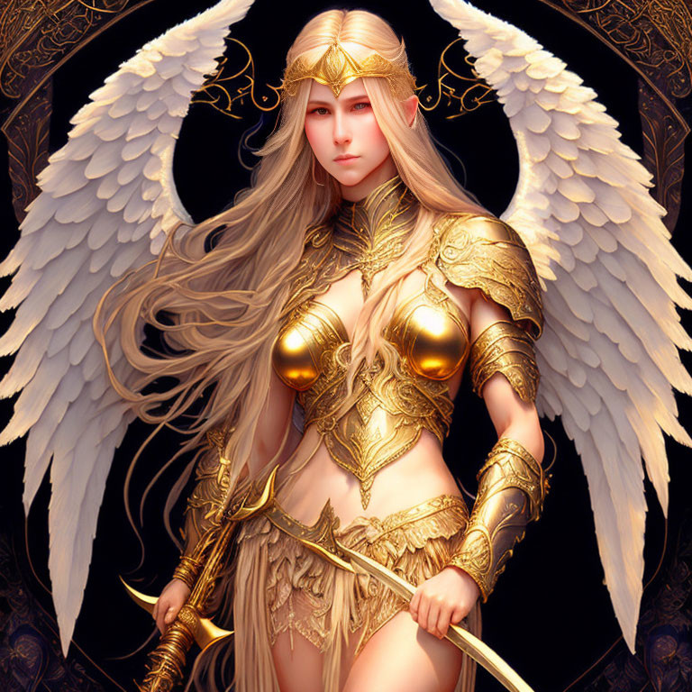 Golden-armored warrior with wings, spear, crown, and flowing hair