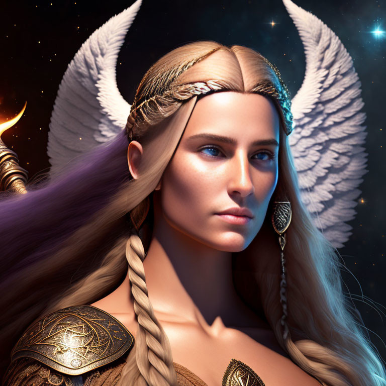 Digital artwork of woman in golden armor with elfin features on starry night background