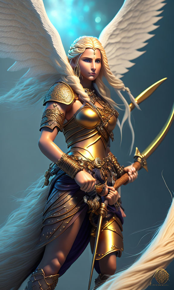 Digital artwork of winged female warrior in ornate golden armor with spear