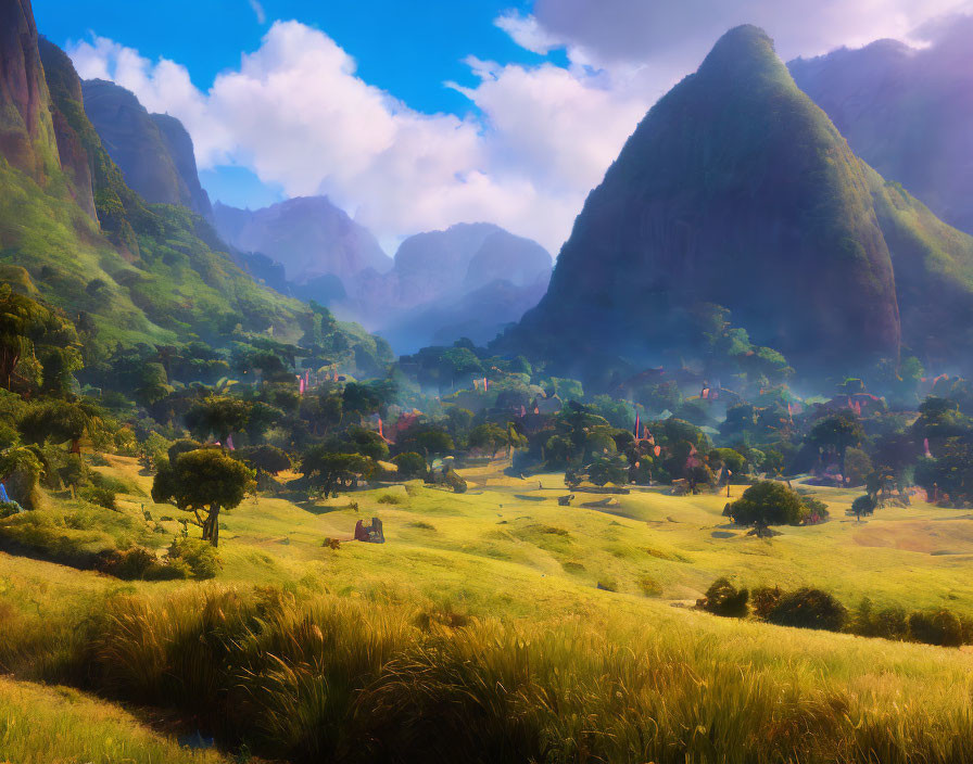 Serene valley with green hills, traditional huts, and mountains