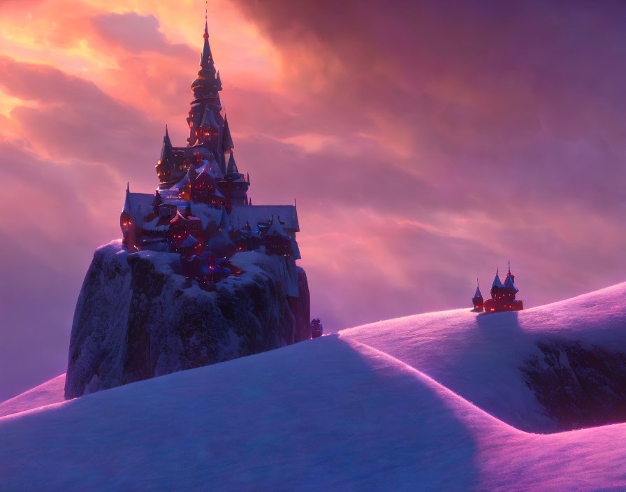 Majestic castle on snowy cliff under purple-pink sunset