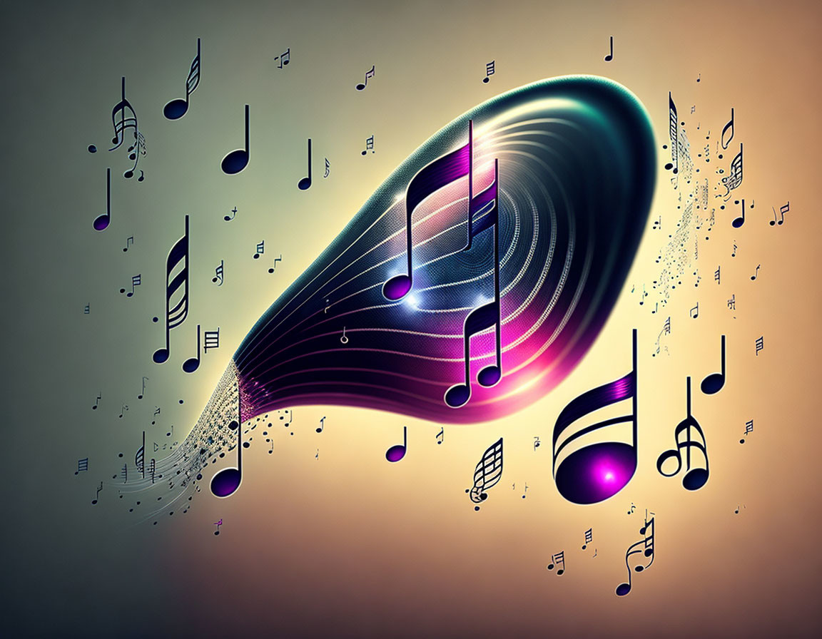 Colorful Swirling Vortex with Musical Notes on Gradient Background