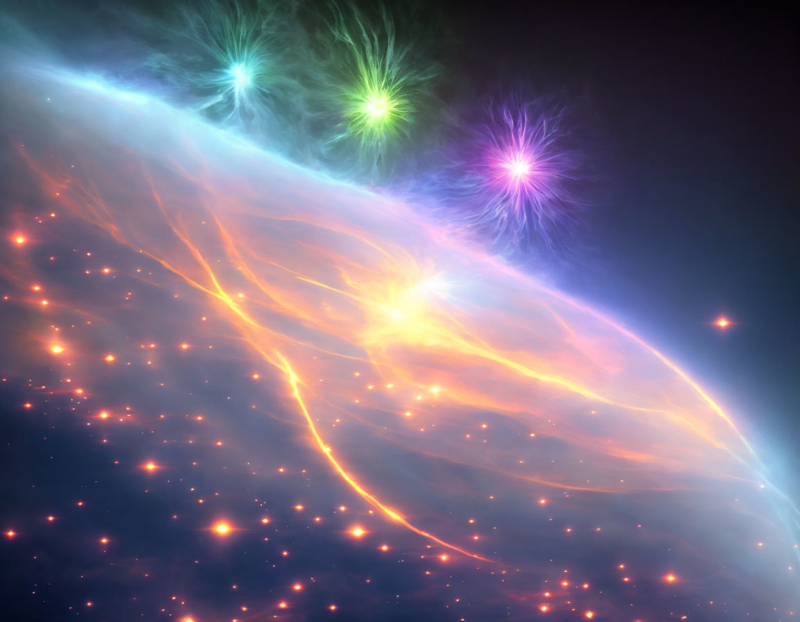 Colorful Space Digital Illustration with Glowing Arc and Nebulous Forms