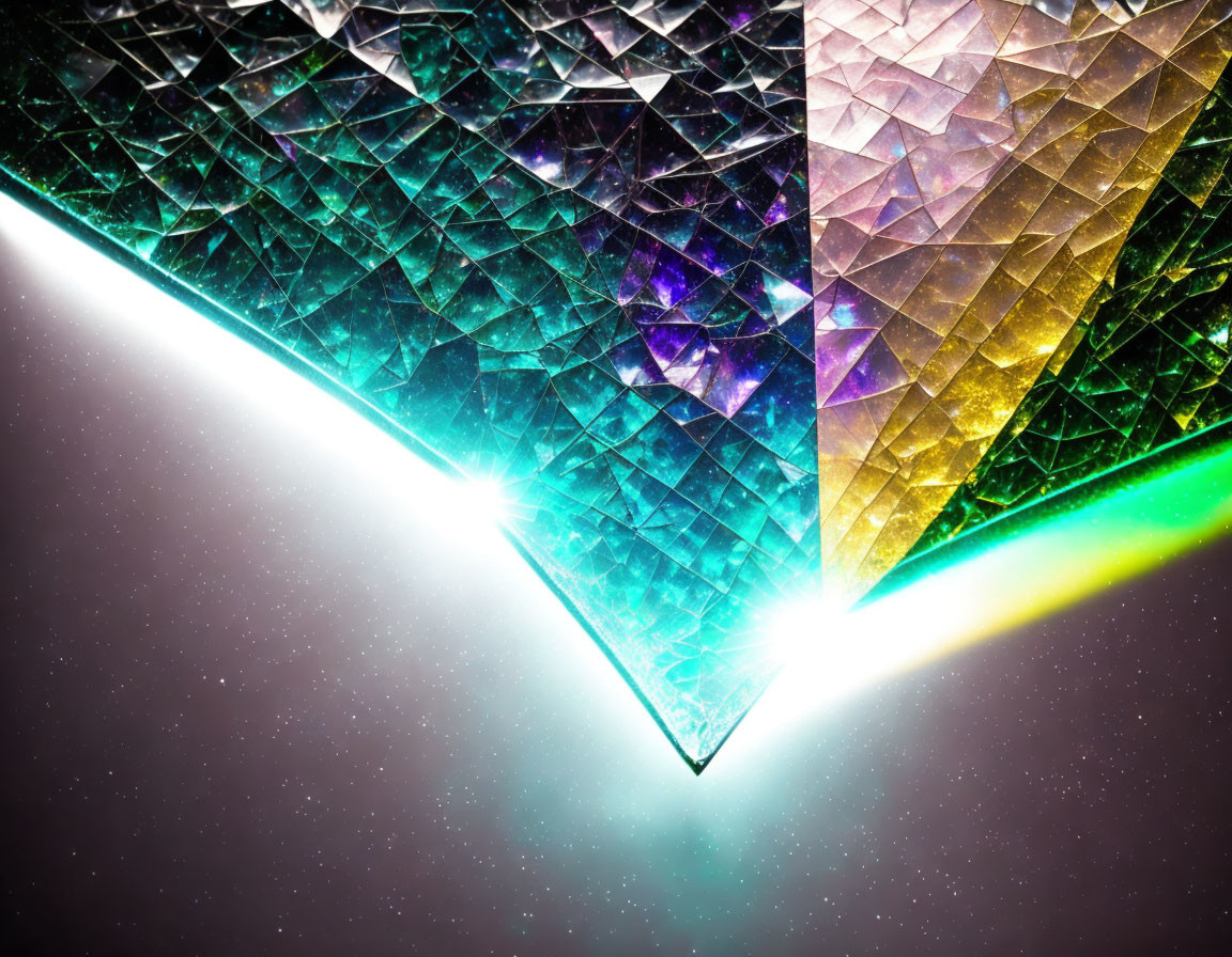 Geometric faceted surface in vibrant purple and green hues illuminated by bright light beams