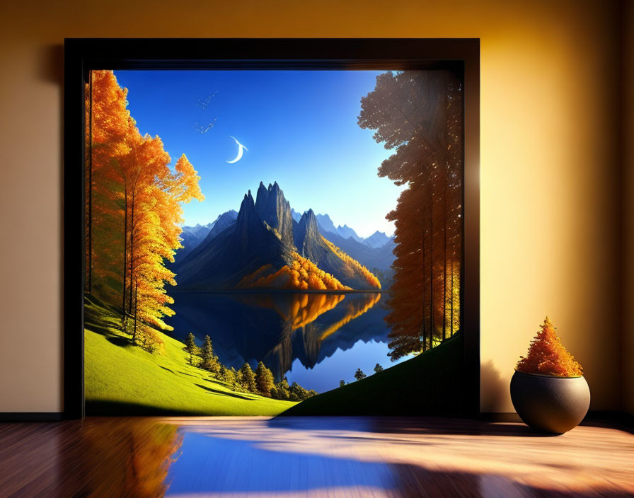 Room with large picture window showcasing mountain landscape, lake, autumn trees, and crescent moon.
