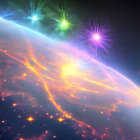 Colorful Space Digital Illustration with Glowing Arc and Nebulous Forms
