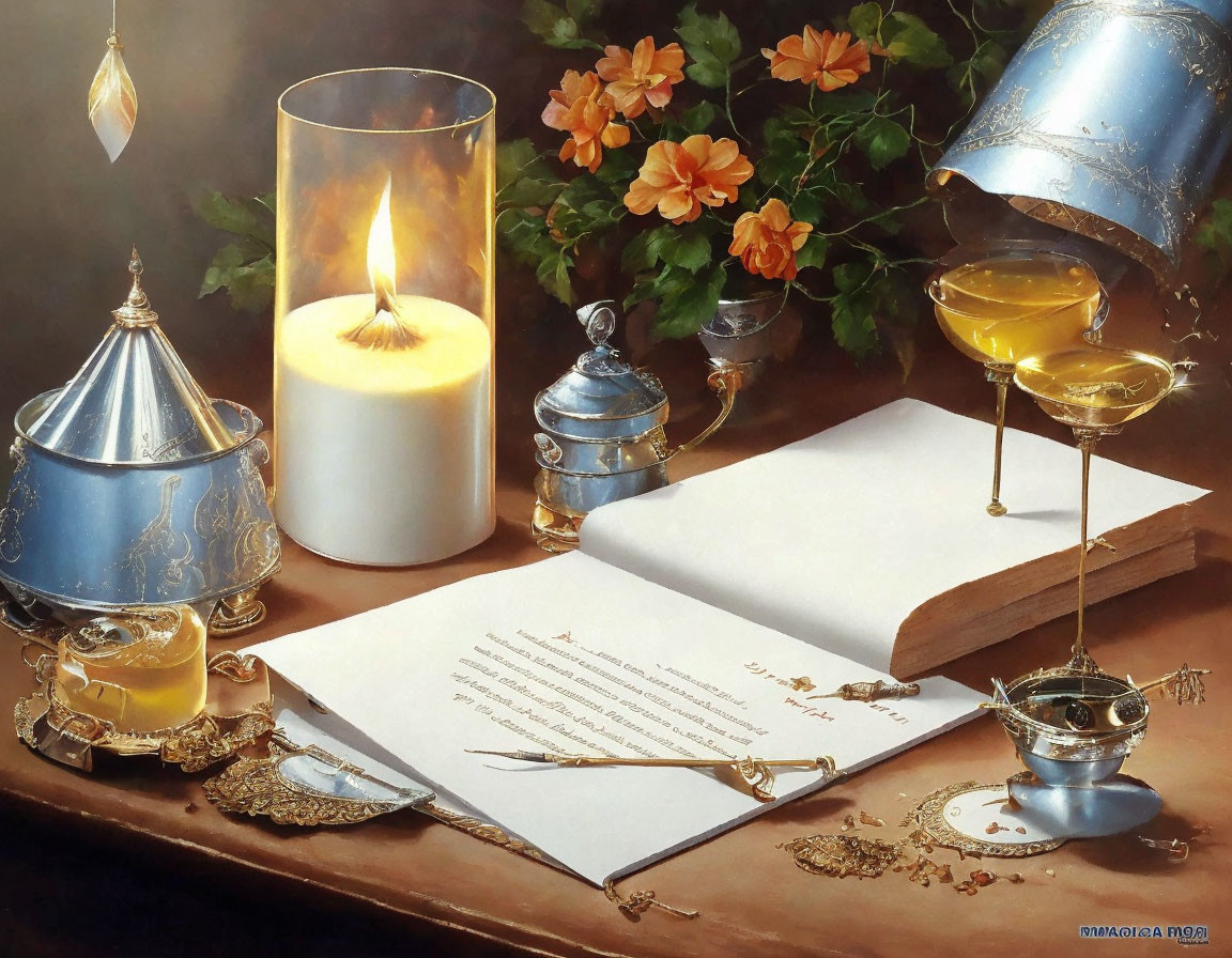 Classic Still Life Painting with Open Book, Quill, Candle, Hourglasses, Flowers, and