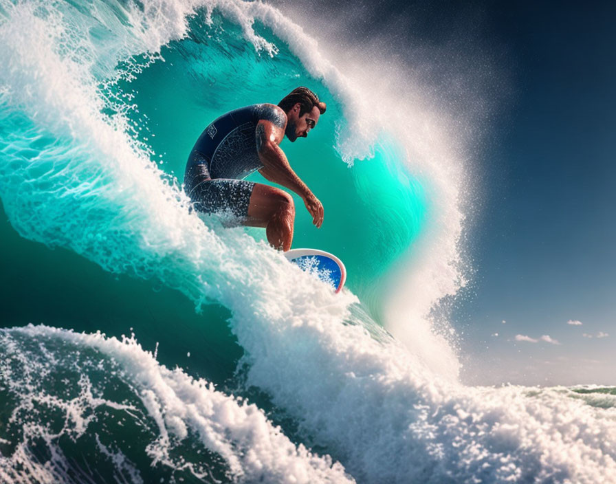 Skilled surfer riding large wave on sunny day