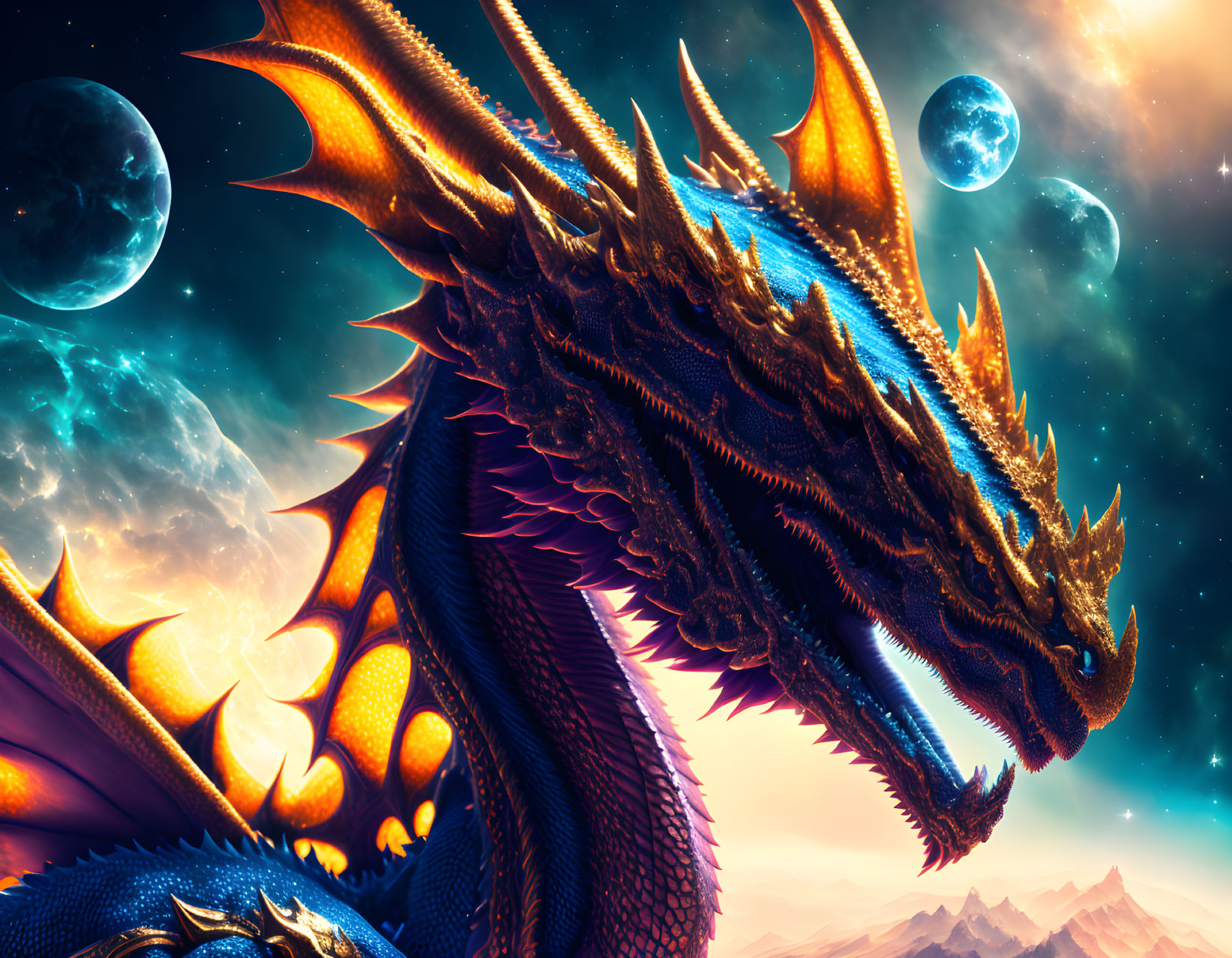 Majestic blue and orange dragon with extended wings in cosmic scene