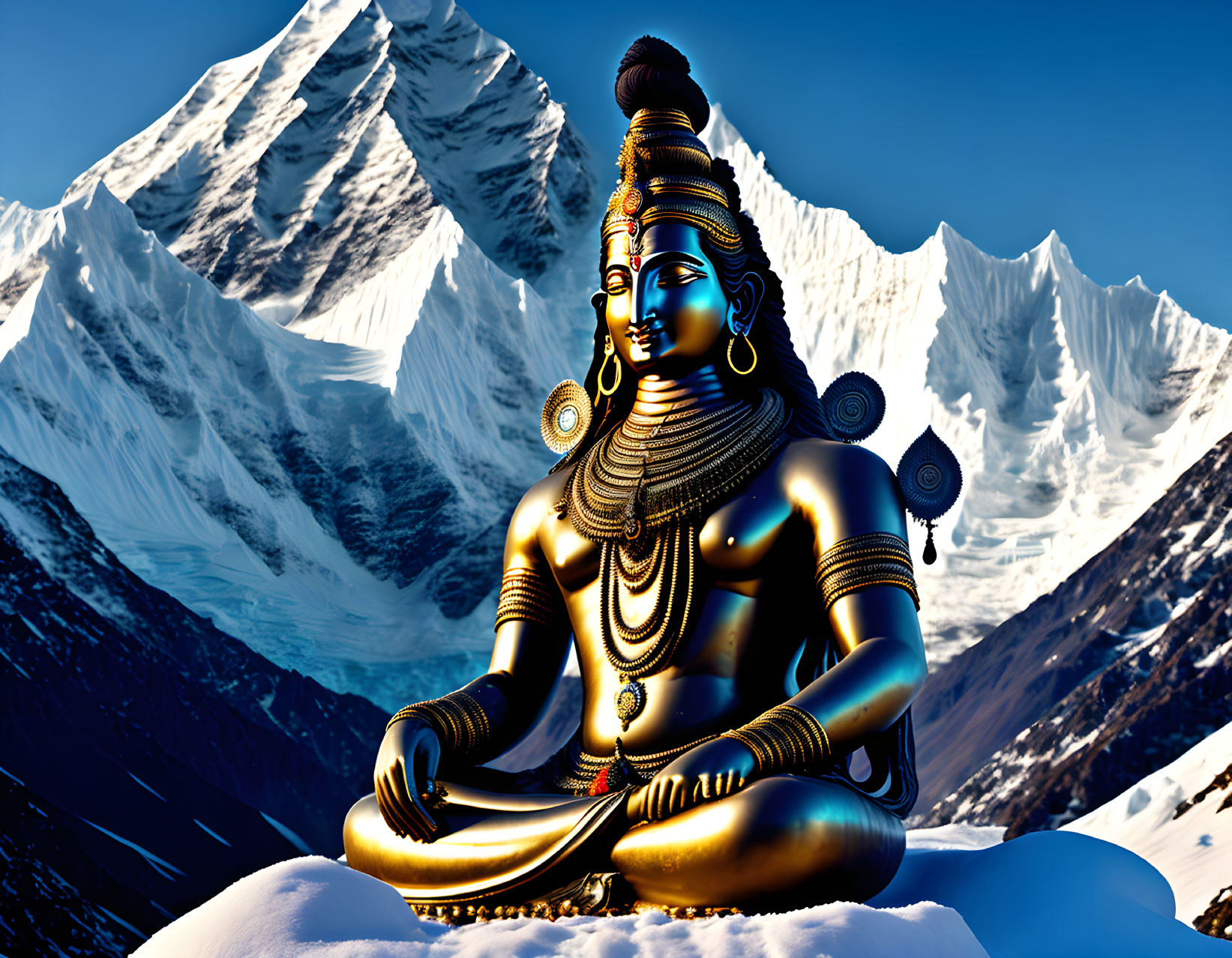 Blue-skinned meditating figure with multiple arms in mountain setting