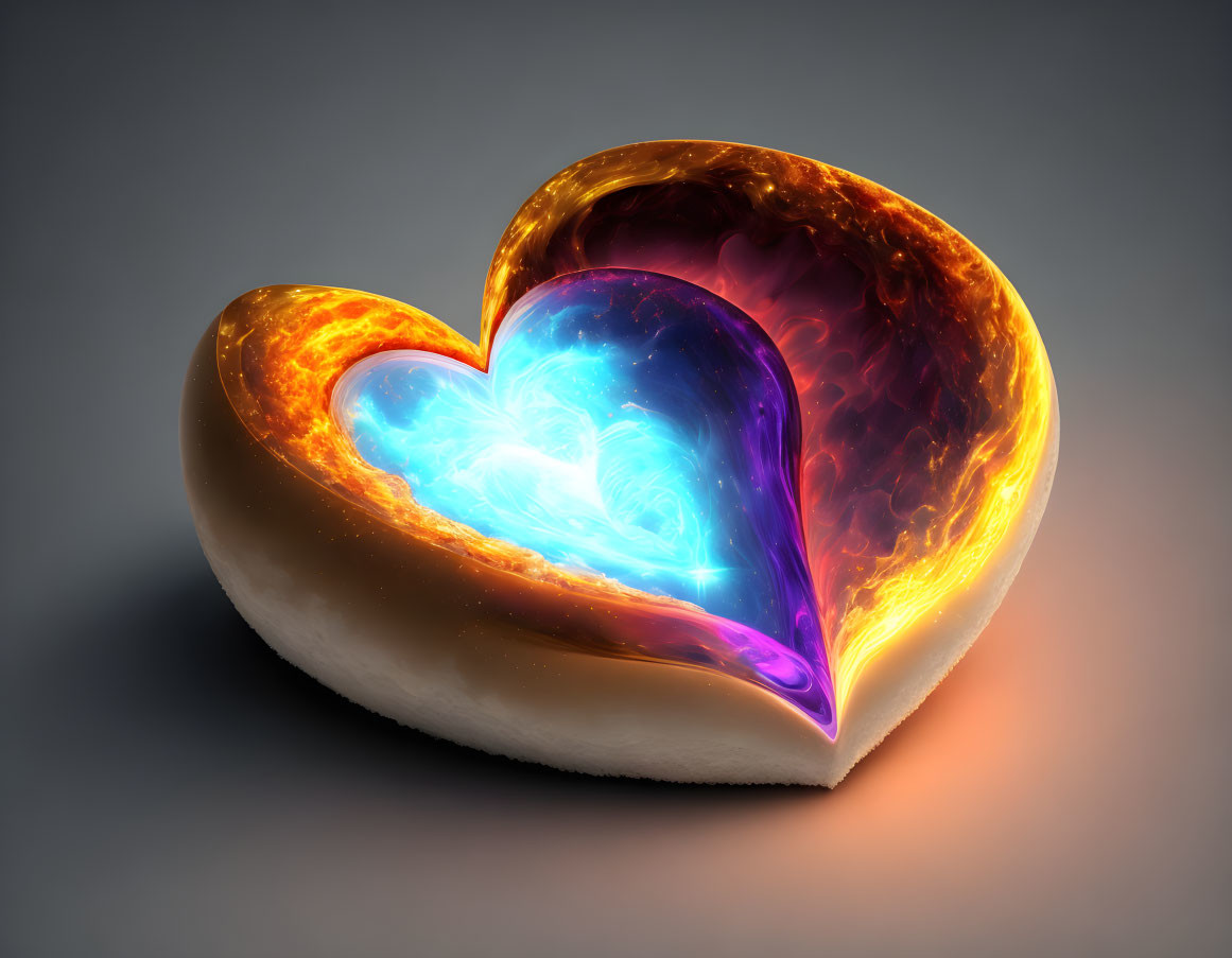 Heart-shaped 3D digital artwork with fiery orange exterior and glowing blue core on muted background