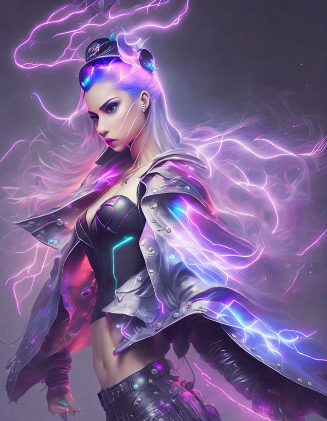 Digital Artwork: Woman with Purple Hair in Cyberpunk Attire Amid Glowing Energies