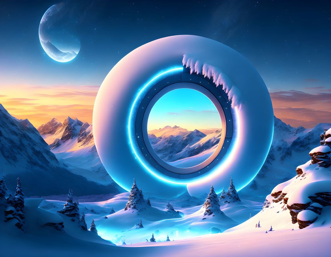 Snow-covered mountains with futuristic ring structure in surreal landscape