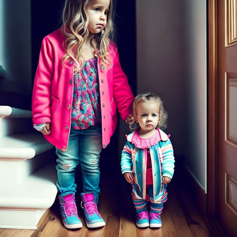 Two stylishly dressed young girls indoors: one in pink coat and jeans, the other in colorful striped