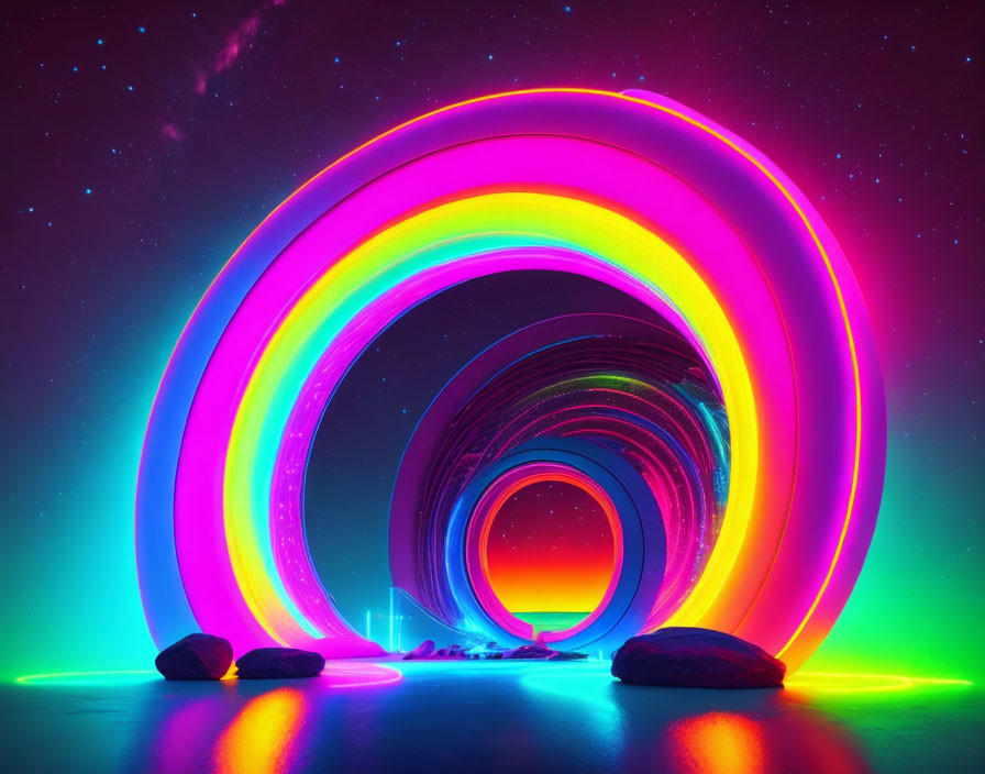 Neon-lit circular tunnel against cosmic starry background