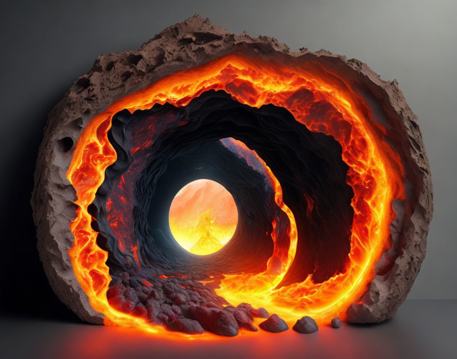 Cross-Sectional View: Volcanic Tunnel with Molten Lava Walls & Glowing Orange