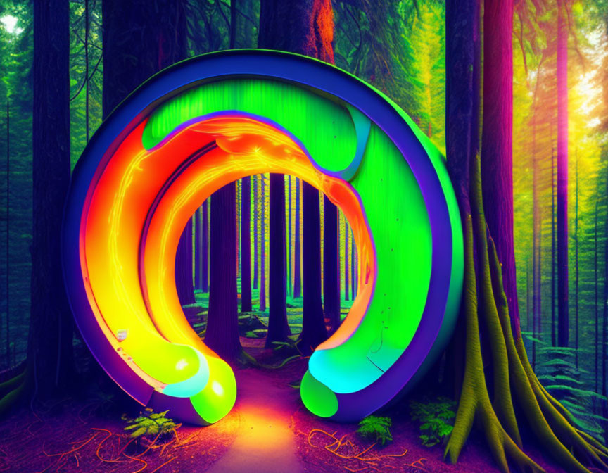 Colorful Light Portal in Mystical Forest with Green Trees