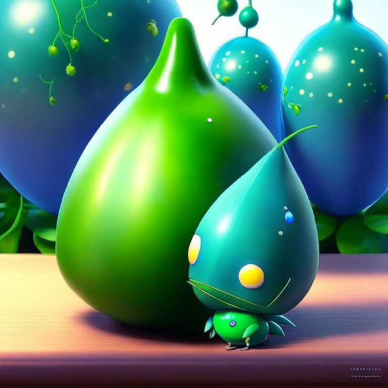 Colorful illustration of seed-like figures with expressive sprout character