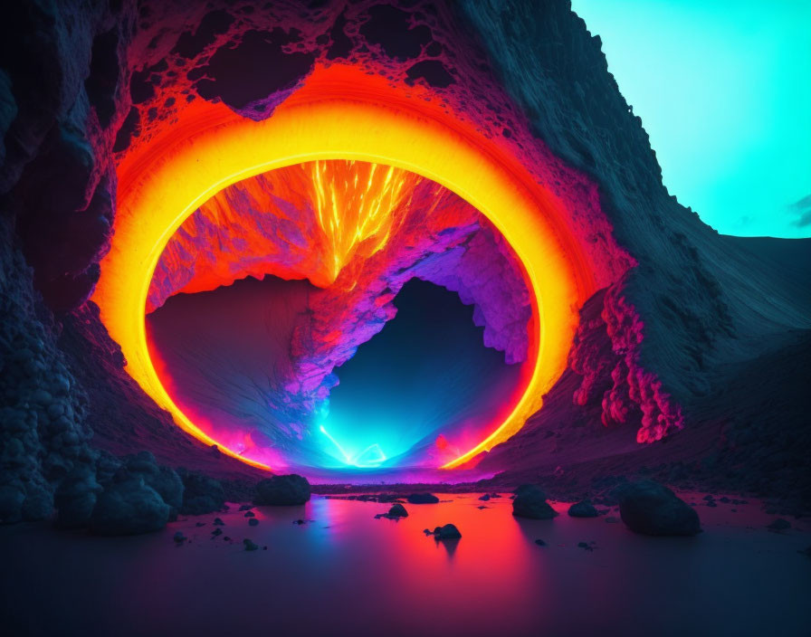 Colorful cave with glowing orange arch and blue light against rocky backdrop