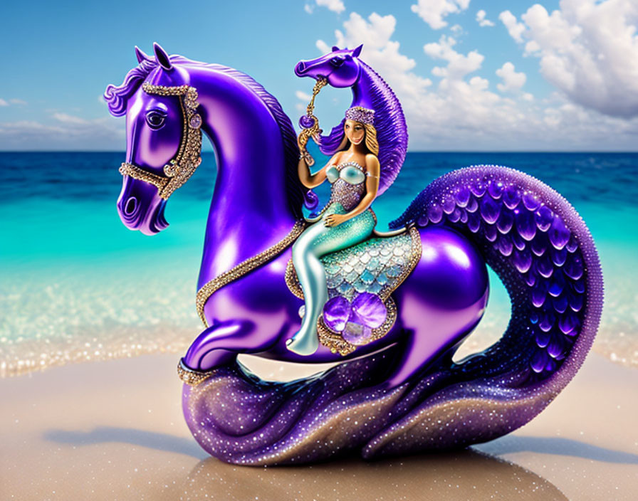 Vibrant digital artwork: Mermaid on purple seahorse with tropical beach background