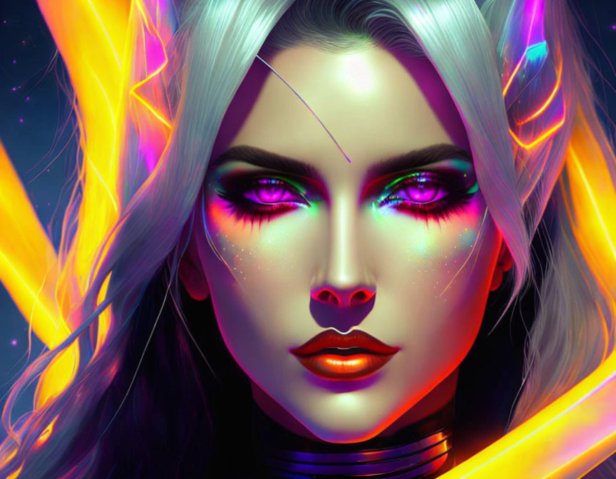 Digital Artwork: Woman with Purple Eyes and Neon Accents