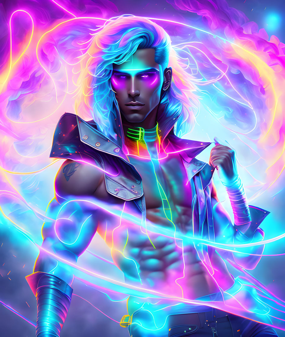 Colorful digital art portrait of male figure with blue hair and futuristic attire.