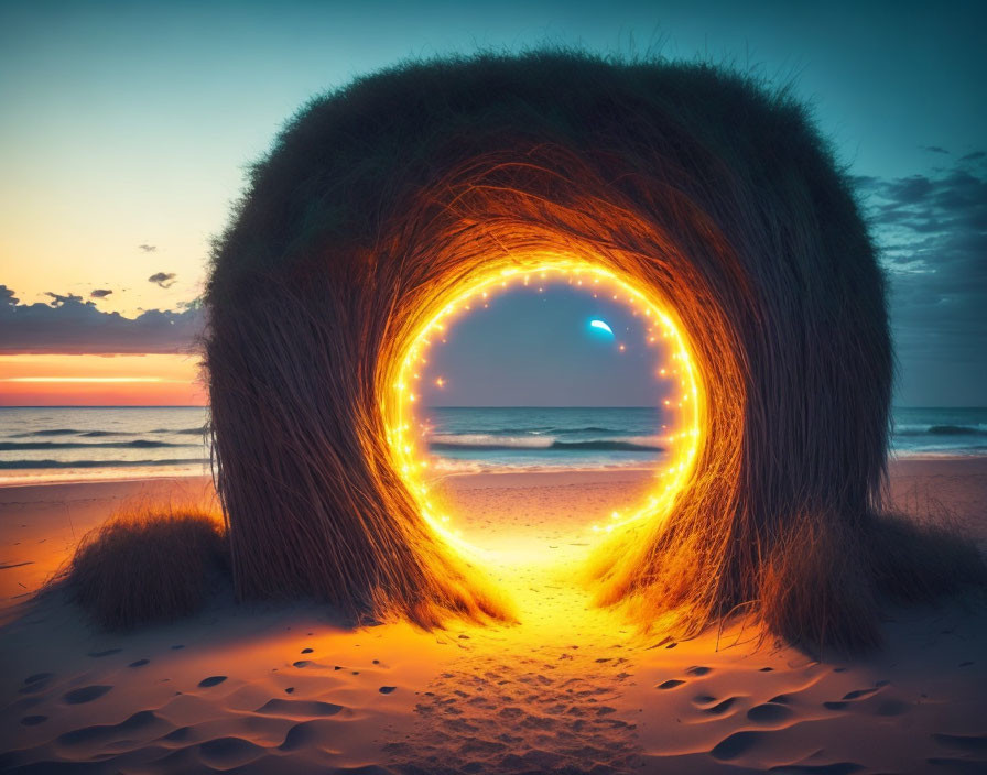 Circular Grass Tunnel Illuminated by Lights Leading to Sunset Beach