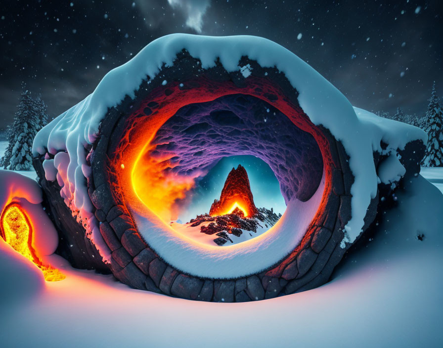 Snow-covered landscape with circular lava cave opening and glowing lava cone under starry night sky