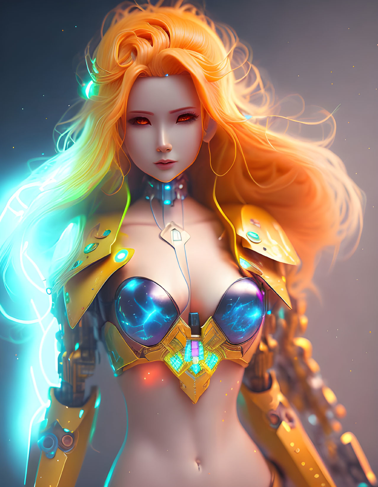 Illustrated female character with golden hair and cybernetic enhancements in futuristic armor