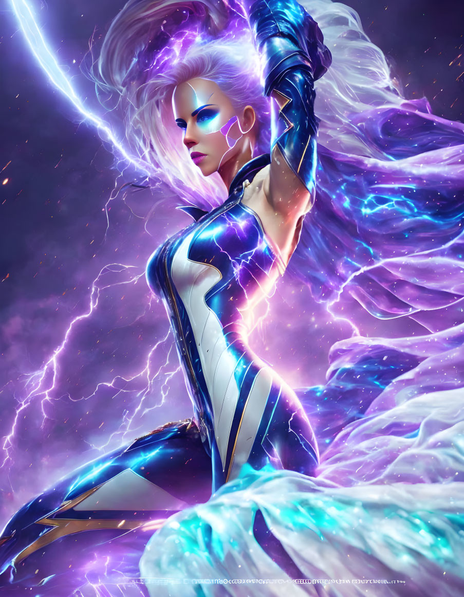 Female superhero with white hair and purple lightning in cosmic setting