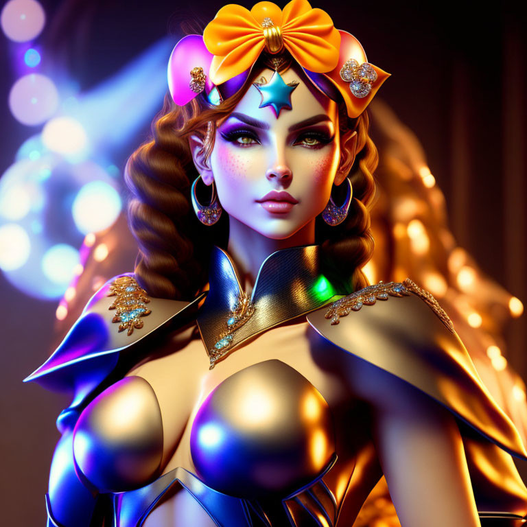 Futuristic digital artwork of a woman in ornate costume